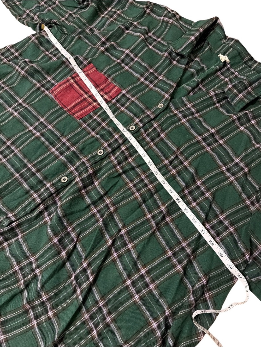 POL Green Plaid Button-Up Very Oversized Distressed Shirt with Red Plaid Pocket - Picture 4 of 4